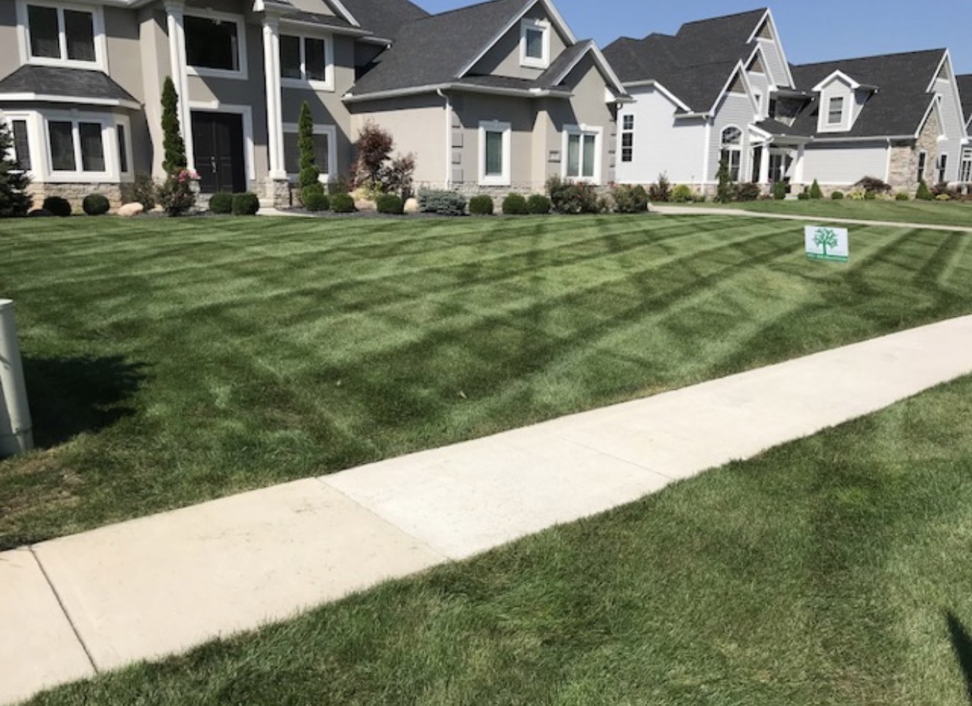 Diagonal mowing stripes in front of new-build homes along a sidewalk